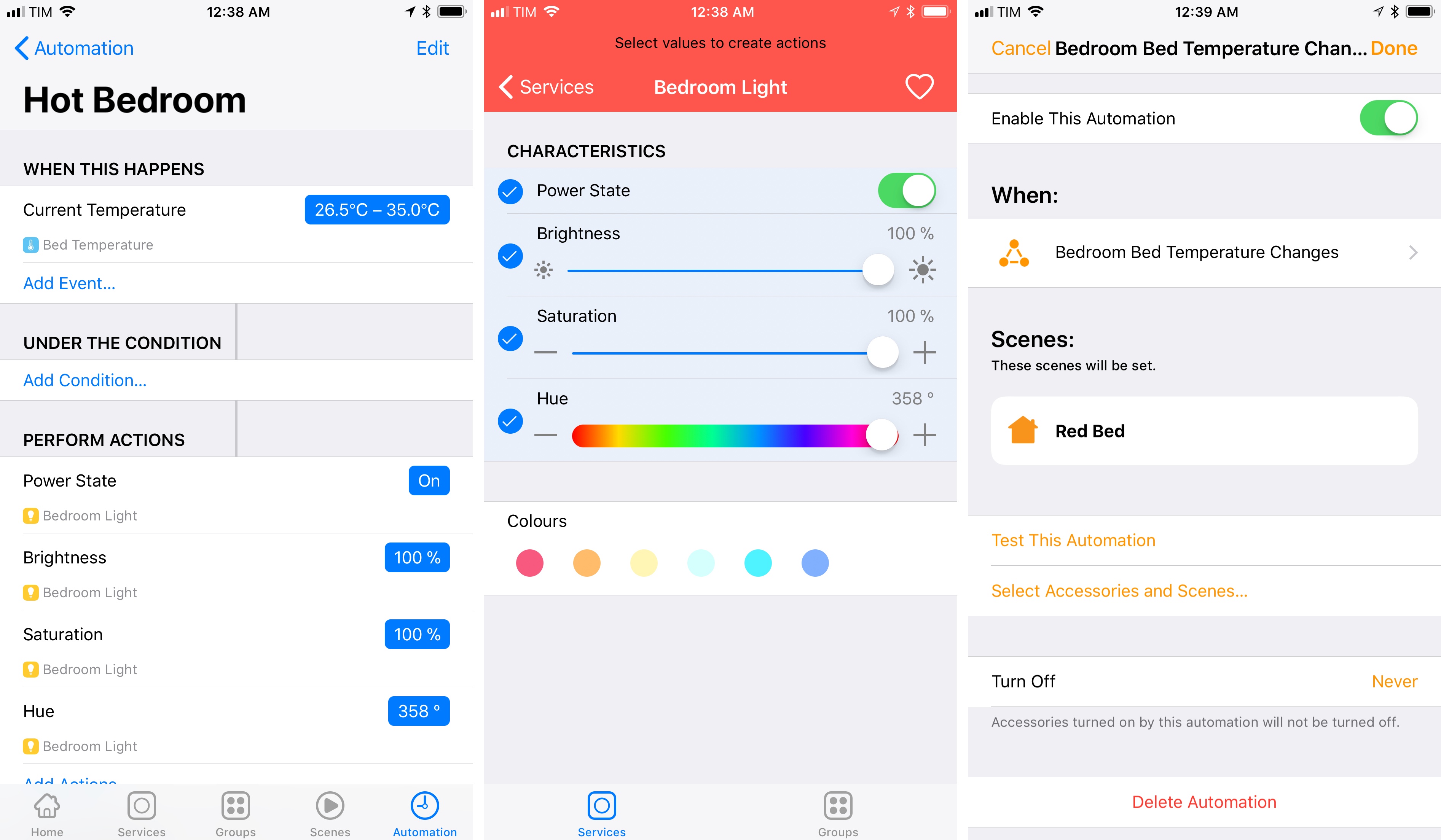 Value-based automations created in the third-party Home app (left, center) can be viewed, but not created, in Apple's Home app (right).