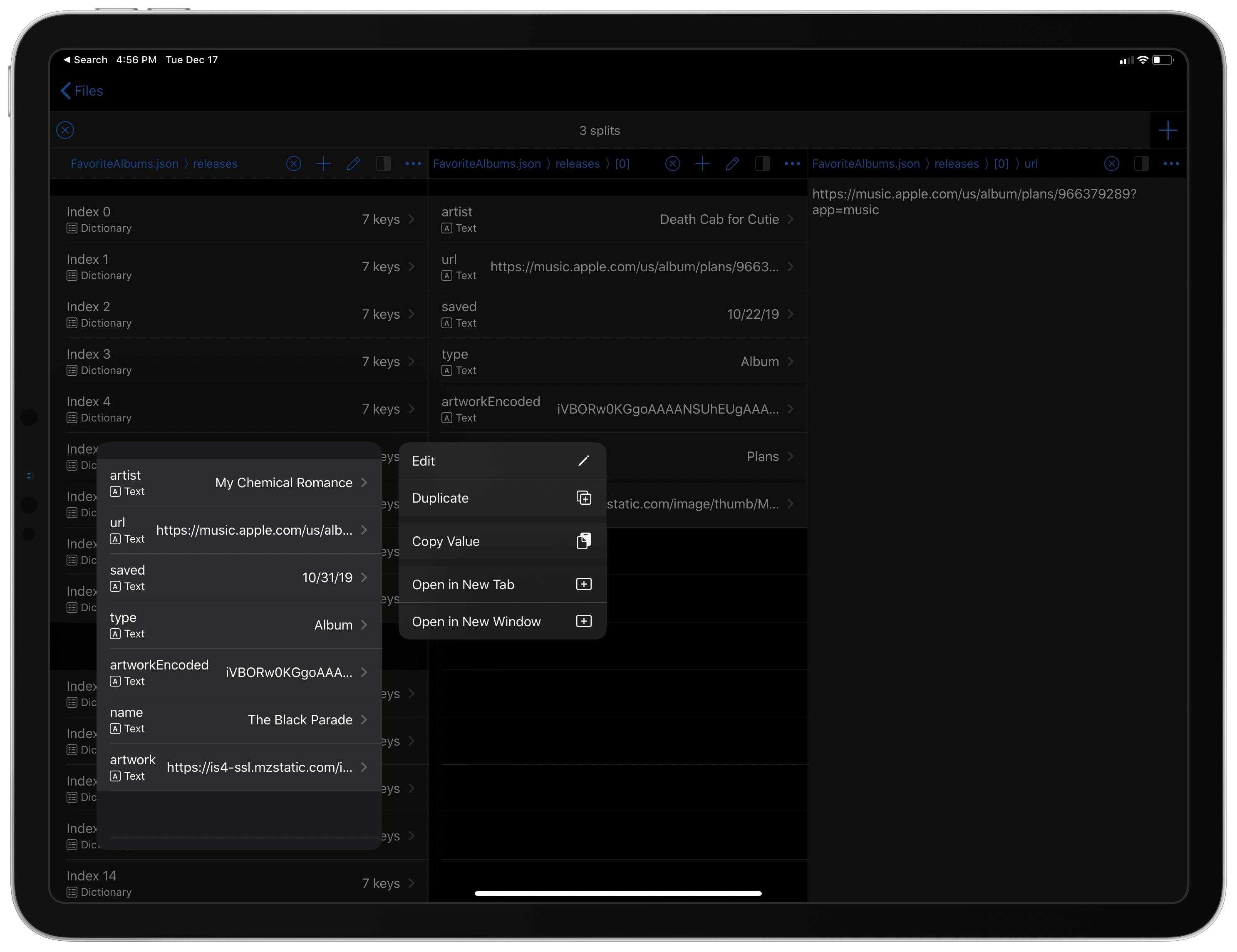 Jayson lets you browse JSON content with column view and supports the latest context menus in iOS and iPadOS 13.