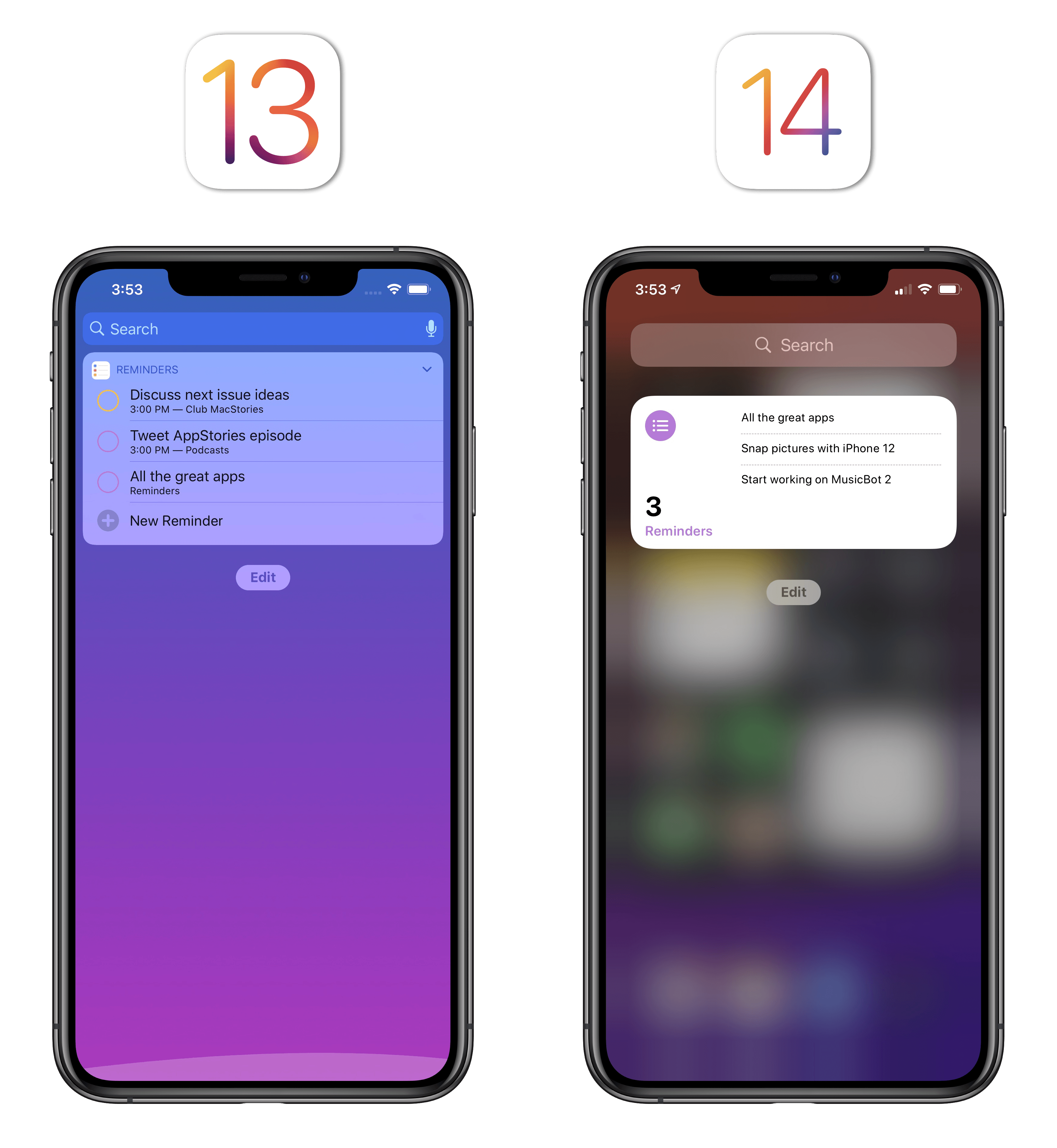 The updated Reminders widget can be configured to display items and task count from a specific list.