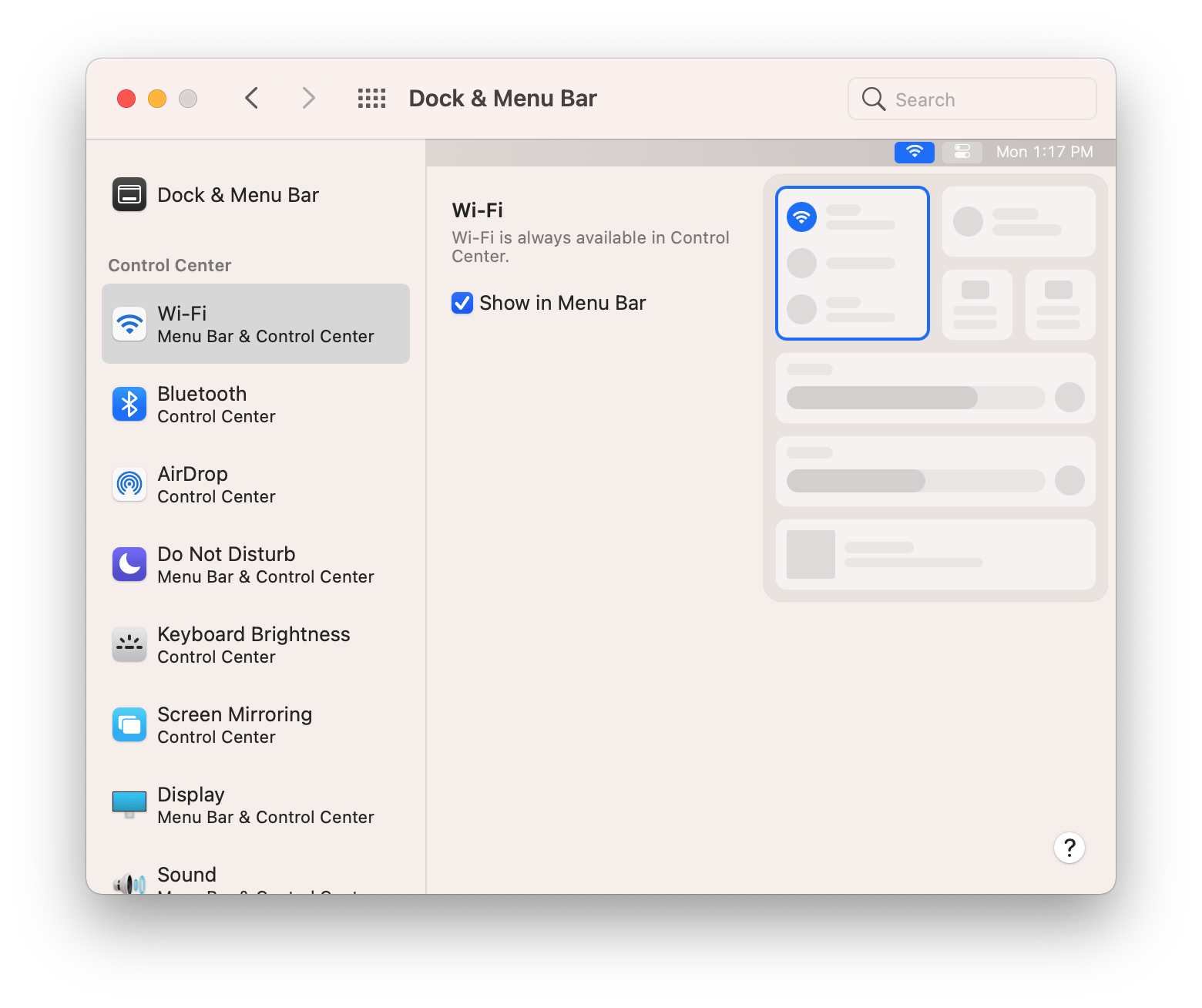 The Control Center settings in System Preferences could stand to be condensed because they dedicate an entire pane to one checkbox and in some cases a drop-down menu too.