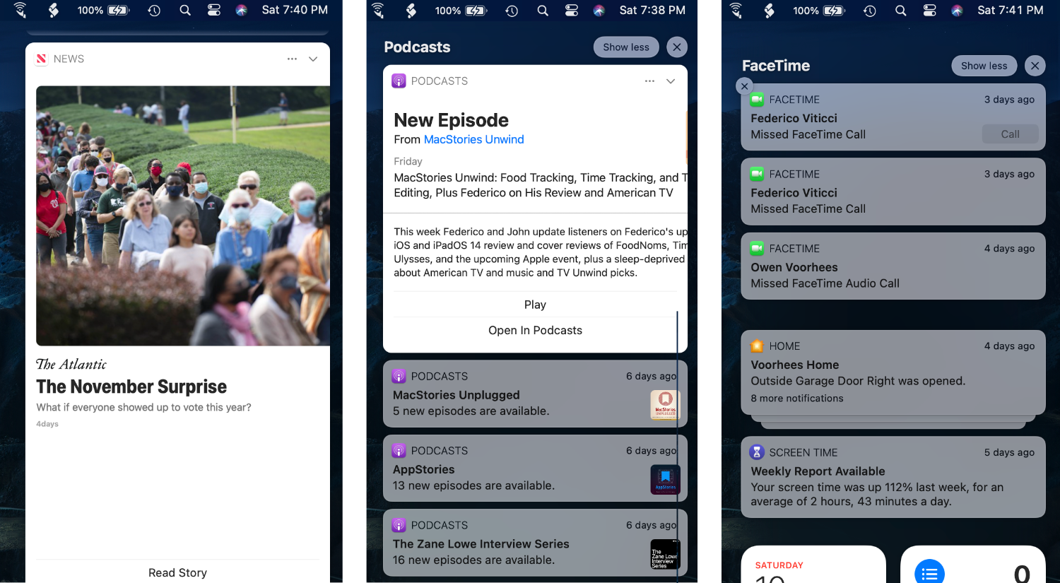 Some notifications like News and Podcasts can be expanded and include buttons for opening stories or playing an episode.