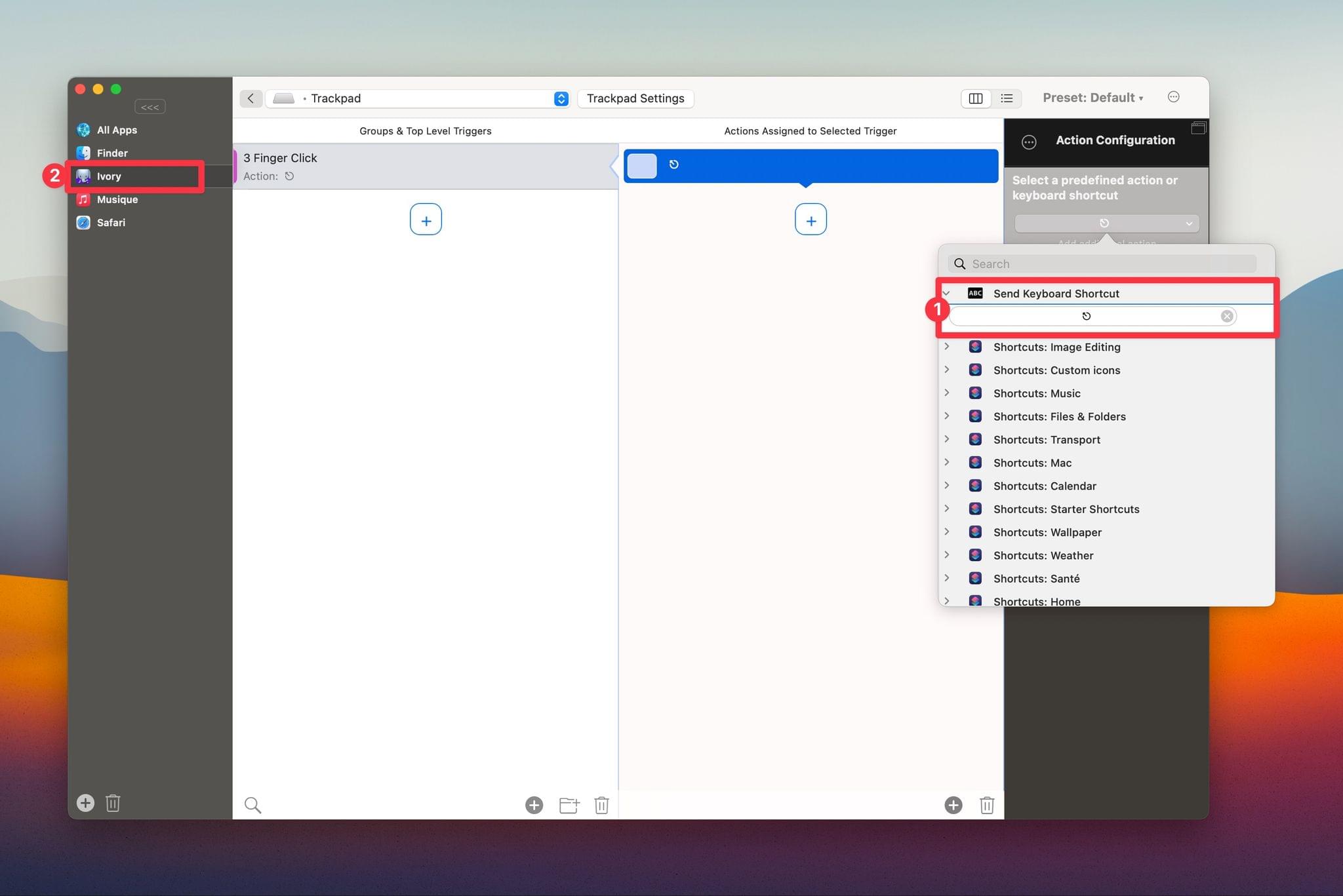 With BetterTouchTool, I set the 3-finger click to mimic the Escape key (1), but only in Ivory (2). In Safari, it is set to mimic a middle click.