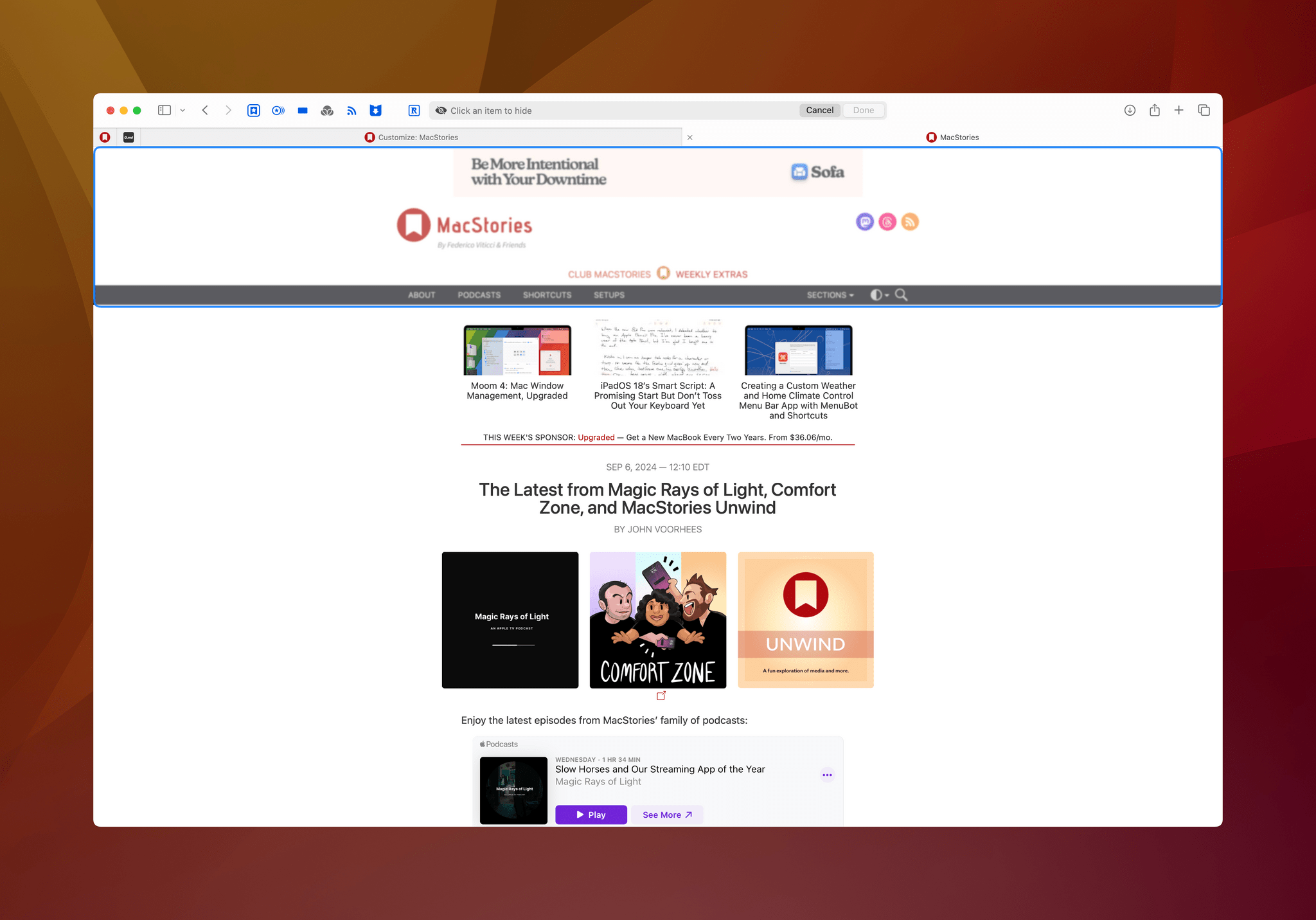 Hide the MacStories banner ad, and you lose the entire masthead as well as navigation controls, which isn't great.